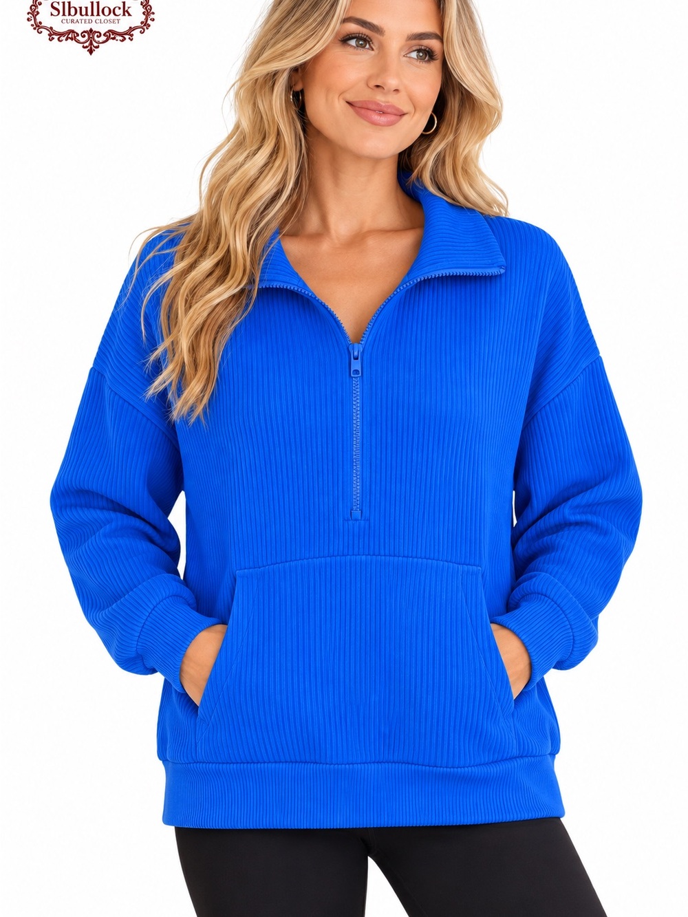 P31 PRETTYGARDEN Blue Ribbed Half Zip Pullover Kangaroo Pocket L